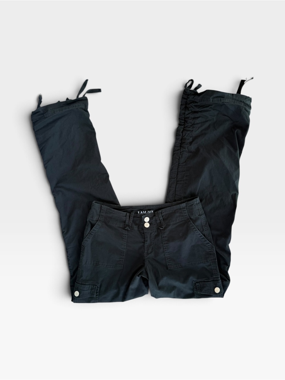 AM.GIA Low Rise Black Cargo Pants | Wide Leg Laced Hem | Womens Size Small